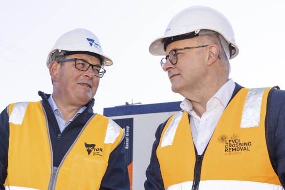 Premier Daniel Andrews and Prime Minister Anthony Albanese meet during the federal election campaign in Melbourne.