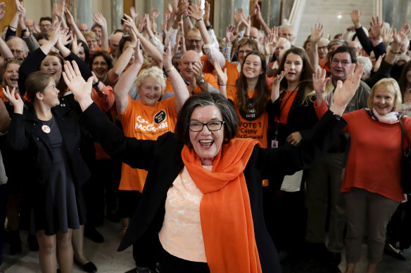 Independent MP Cathy McGowan celebrating with supporters after delivering her valedictory speech in the House of Representatives at Parliament House on April 4, 2019.  