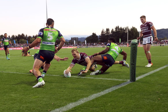 Try time: Tom Trbojevic bags a try in the 25-6 win over Canberra.
