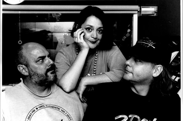 Wendy Harmer centre, with Jamie Dunn (left) and Paul Holmes in the 2DayFM studio in January 1993.