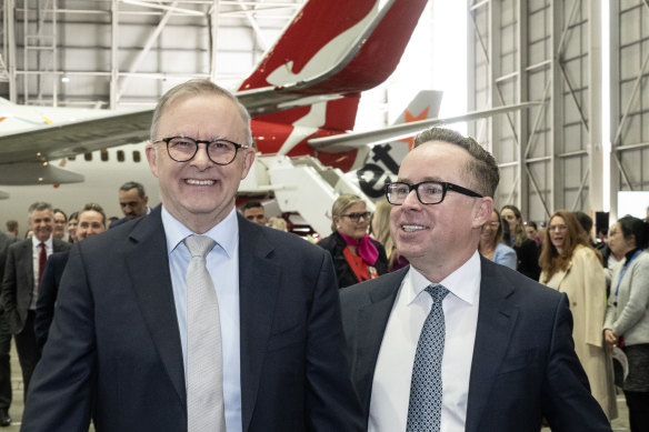 Prime Minister Anthony Albanese pictured with former Qantas CEO Alan Joyce last month.