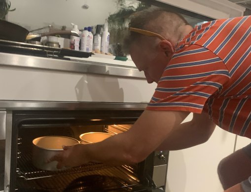 Mark Proctor baking at home.