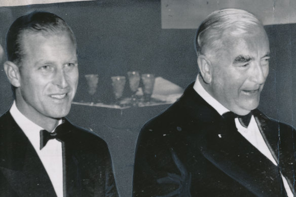 Prince Philip at dinner with then-prime minister Robert Menzies. The duke was in Melbourne to open the Olympic Games in 1956.
