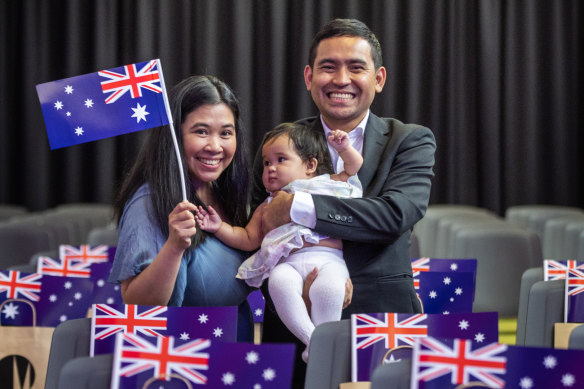 Ailene Leswe with husband Leo and baby Alex celebrate becoming Australians.