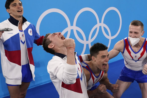The Russian Olympic Committee’s artistic gymnastics men’s team won gold on Monday.