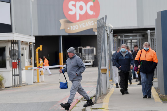 Employees changing shift at SPC Ardmona plant in Shepparton today.