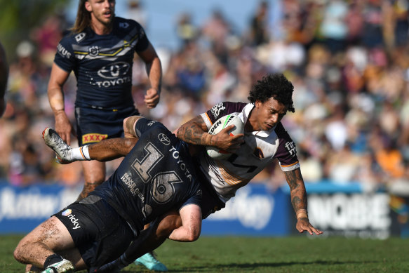 Tristan Sailor pictured during the Brisbane Broncos trial win over the North Queensland Cowboys.