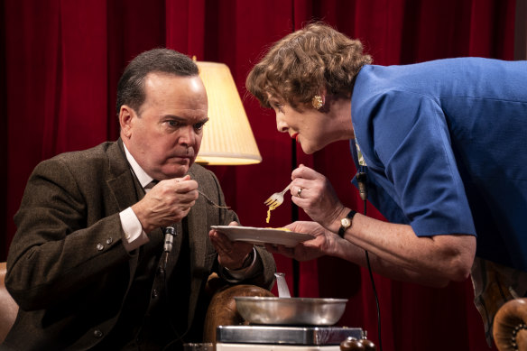 Jefferson Mays as Albert Duhamel and Sarah Lancashire as Julia Child in Julia.