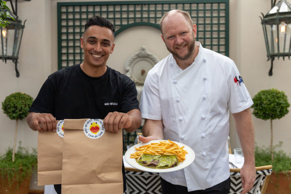 Make-Out Meals founder CEO Billy Green with Entrecote head chef Timothy Menger. Entrecote’s ‘secret herb butter sauce’ is available to Make-Out Meal customers.