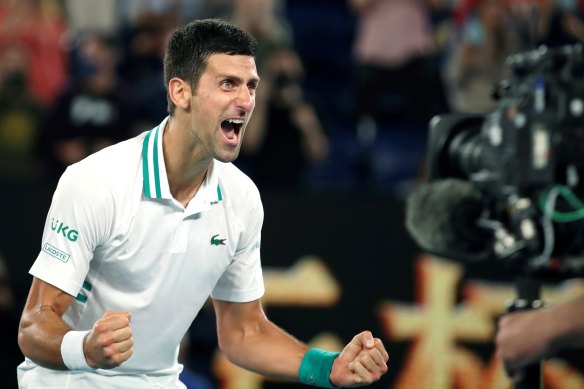 Novak Djokovic wins the men’s final at the Australian Open in 2021. 