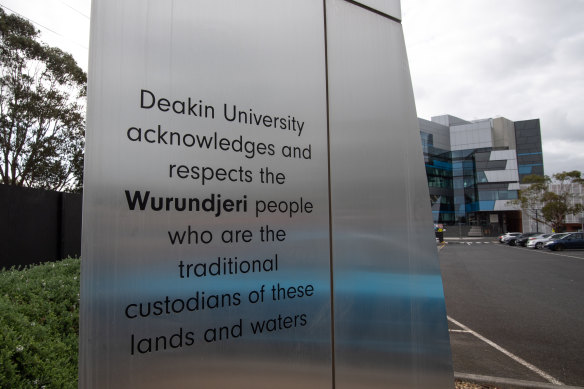 A sign at Deakin University’s Burwood campus acknowledges the Wurundjeri people as traditional custodians of the land.
