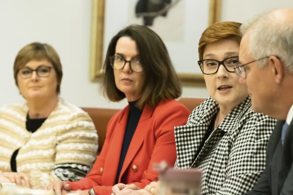 Minister for Government Services and Minister for the NDIS Linda Reynolds, Minister for Families and Social Services and Minister for Women’s Safety Anne Ruston, Minister for Foreign Affairs Marise Payne and Prime Minister Scott Morrison during the cabinet women’s taskforce meeting at Parliament House in Canberra on April 6.