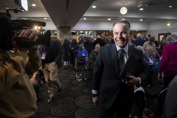 Opposition Leader John Pesutto arrives at the meeting in Bendigo on Saturday.