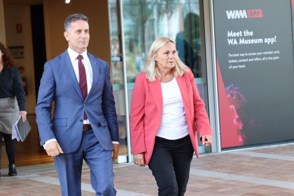 WA Police Minister Paul Papalia and WA Prevention of Family and Domestic Violence Minister Sabine Winton leaving the crisis summit.