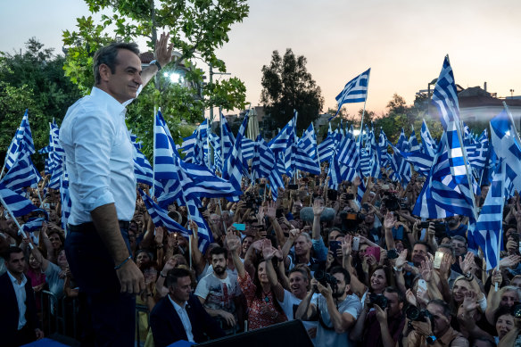 Kyriakos Mitsotakis, the leader of Greece’s center-right New Democracy party, at a pre-election rally in Athens, has swept to victory in a general election. 