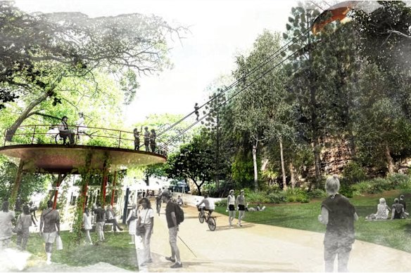 An image of the proposed zipline that would run over the Brisbane River.