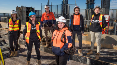 Female construction workers (from left) Libby Dadic, Demi Lebessis , Shelly Goodwin, Cody Taylor, Kelly Ngu and Teena Simpson. 