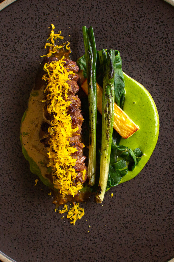 Wagyu with spring onion and cured yolk.