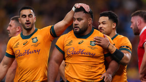 Taniela Tupou celebrates scoring a try against Wales in Sydney.