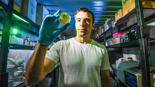 Andrew Gray in his shipping container genetic lab in Brunswick.