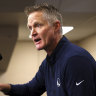 Reacting to the Uvalde, Texas, school shooting earlier in the day, Golden State Warriors coach Steve Kerr makes a statement before Warriors played the Dallas Mavericks in Game 4 of the NBA basketball playoffs Western Conference finals Tuesday, May 24, 2022, in Dallas.