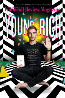 The AFR Magazine Young Rich List cover image for 2021 featuring Kain Warwick. Artwork by Sam Bennett and Tim Beor.