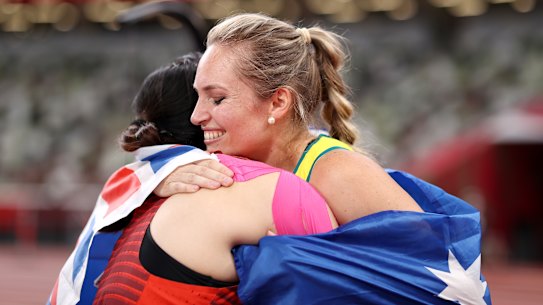 Kelsey-Lee Barber celebrates after winning a medal in the women’s javelin competition.