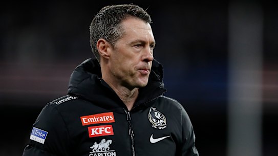 MELBOURNE, AUSTRALIA - SEPTEMBER 03: Craig McRae, Senior Coach of the Magpies looks on after a loss during the 2022 AFL First Qualifying Final match between the Geelong Cats and the Collingwood Magpies at the Melbourne Cricket Ground on September 3, 2022 in Melbourne, Australia. (Photo by Dylan Burns/AFL Photos via Getty Images)