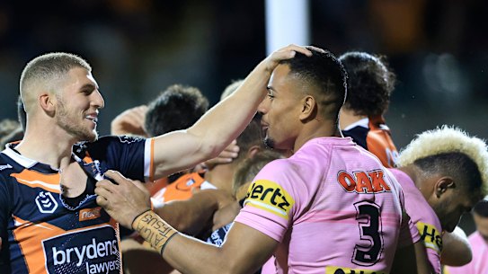 Adam Doueihi taunts Stephen Crichton during their last clash at Leichhardt Oval.