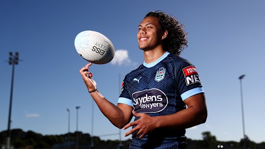 GOLD COAST, AUSTRALIA - JUNE 22: Jarome Luai poses during a New South Wales Blues State of Origin media session at Ned Byrne Field on June 22, 2021 in Gold Coast, Australia. (Photo by Chris Hyde/Getty Images)