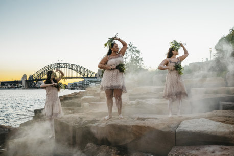 Aboriginal dancers from the Jannawi Dance Clan perform during an immersive experience during on an Aboriginal cultural tour in Barangaroo.