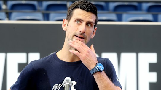 ADELAIDE, AUSTRALIA - DECEMBER 29: Novak Djokovic talks to the media after a practice session ahead of the 2023 Adelaide International at Memorial Drive on December 29, 2022 in Adelaide, Australia. (Photo by Sarah Reed/Getty Images)