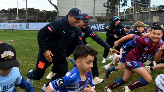 Big is best: NSW Blues players Stephen Crichton and Latrell Mitchell during a clinic with about 200 junior rugby league players from clubs across NSW.