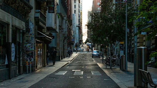 Lockdown bites: An empty Flinders Lane.