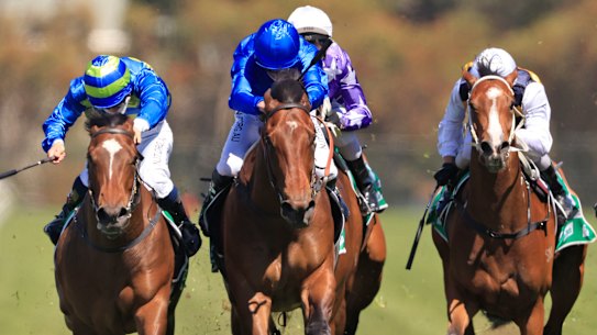 Tim Clark (left) urges Snitzonfire up on the inside to win at Rosehill in October.