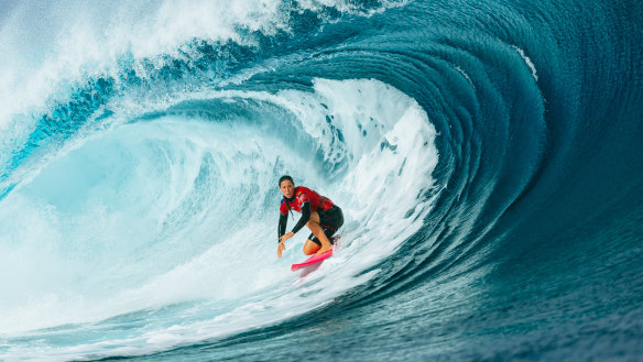 Wright in the thick of a Teahupo’o barrel during this year’s Tahiti Pro.