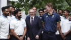 Prime Minister Anthony Albanese speaks with members of the Prime Minister’s XI and the Indian cricket team on Thursday. 
