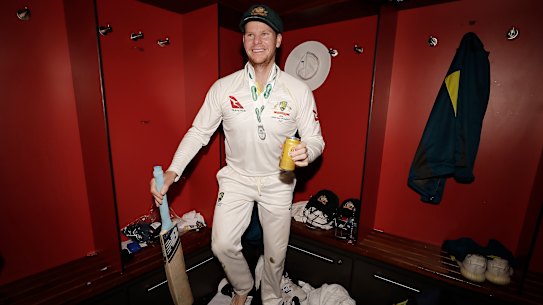 Steve Smith celebrates Australia's Ashes victory. He has dominated the series.