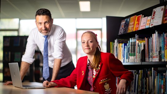Mentone Girls’ Grammar deputy principal Tim Macdonald and student Maggie Stickland.