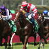 Kerrin McEvoy rides Skyhook to victory in the Pago Pago Stakes.