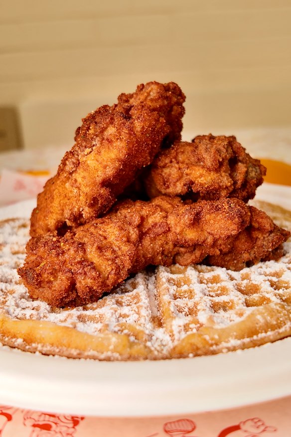 The Happiest Waffle with fried chicken.