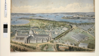 The Garden Palace in the International Exhibition, Sydney, 1879-80. Gibbs, Shallard & Co (lithographic printer). Published as a supplement to the Illustrated Sydney News, January, 1880.
