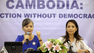 Vice-president of the Cambodia National Rescue Party (CNRP), Mu Sochua, left, speaks at a press conference with Monovithya Kem, CNRP Deputy Director for Foreign Affairs, in Jakarta on Monday.