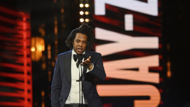 JAY-Z speaks during the Rock & Roll Hall of Fame induction ceremony.