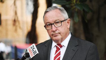 NSW Health Minister Brad Hazzard at a press conference to address NBH CEO Deborah Latta's resignation. 