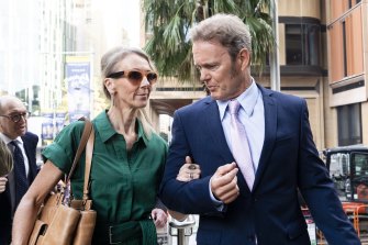 Craig McLachlan arrives at court on Tuesday with his wife, Vanessa Scammell.