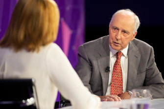 Sales interviews former prime minister Paul Keating at a conference in February 2021.