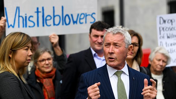 Lawyer Bernard Collaery addresses the media outside the Supreme Court in Canberra earlier this month.