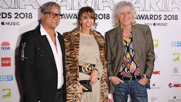 Jon Stevens (L) , Heloise Pratt and Sir Bob Geldof at the ARIAS.