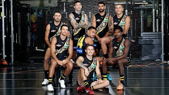 Shane Edwards, Daniel Rioli, Matt Parker, Sydney Stack, Rhyan Mansell, Marlion Pickett, Maurice Rioli jnr, and Shai Bolton wearing Richmond’s Dreamtime guernsey.